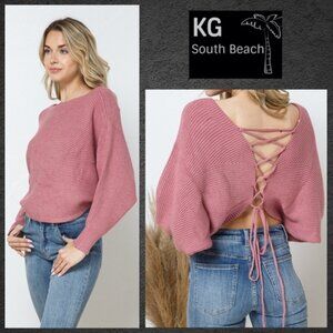 KGSB Collection Sexy Cropped Sweater With Dolman Sleeves & Laced Up Open Back